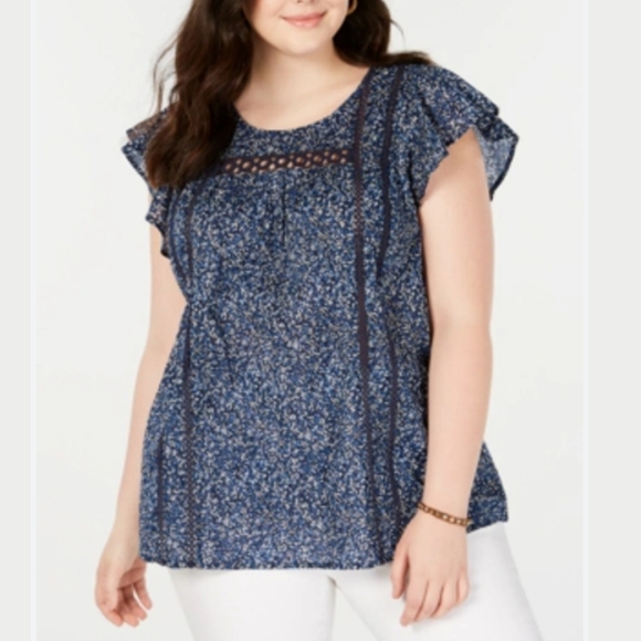 Lucky Brand Navy Blue Flutter Sleeve Cotton Top - Picture 6 of 10